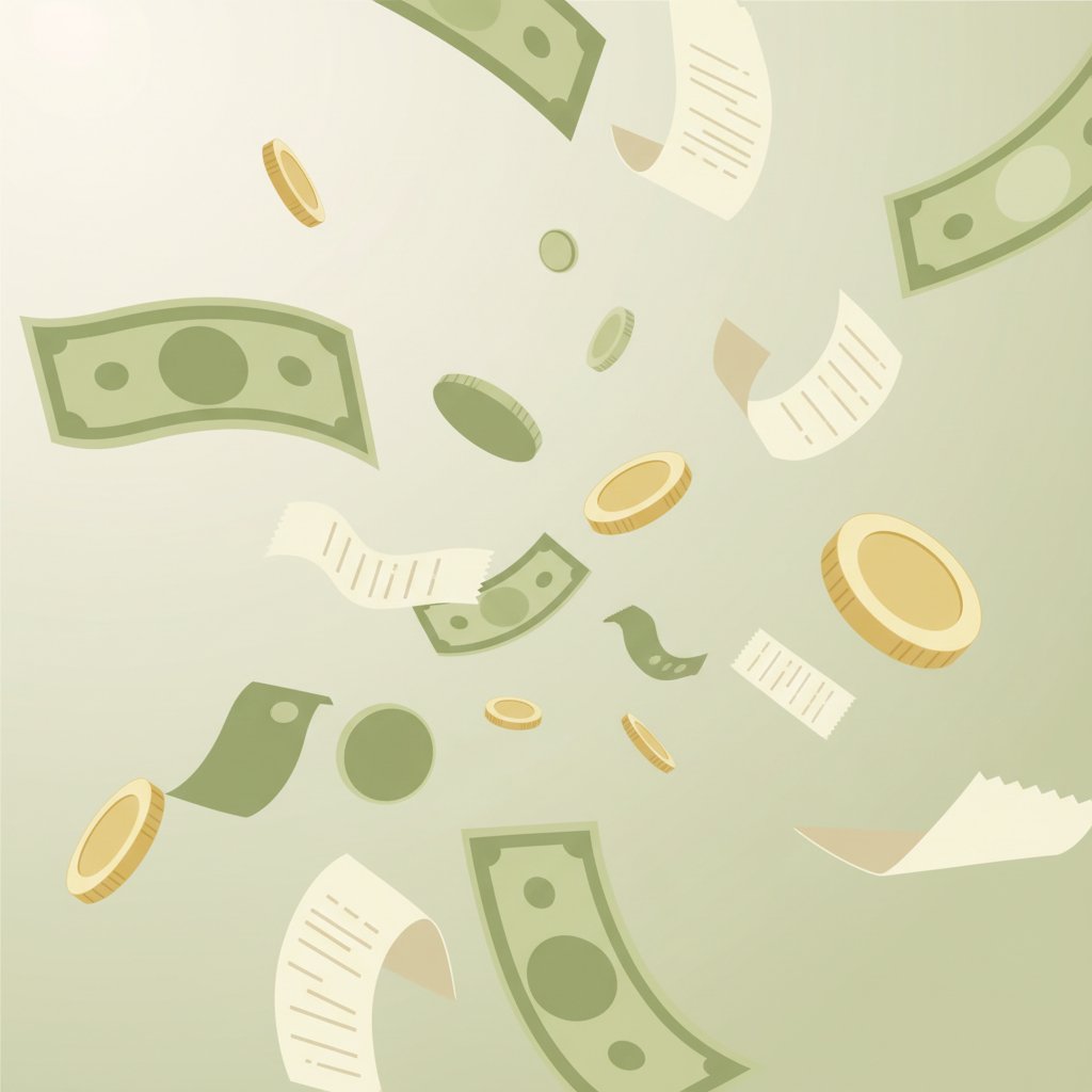 Abstract illustration of money and receipts flowing back, soft green and cream palette