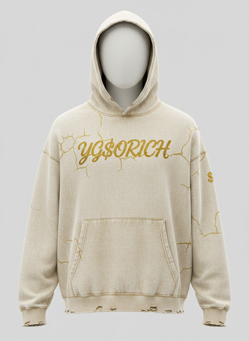 Vintage-washed cream hoodie with distressed edges and cracked gold puff-print YG$ORICH