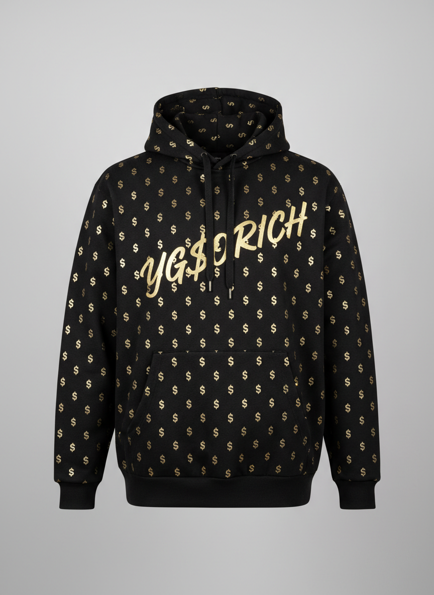 Black pullover hoodie covered in small gold dollar signs with gold cursive YG$ORICH across the chest
