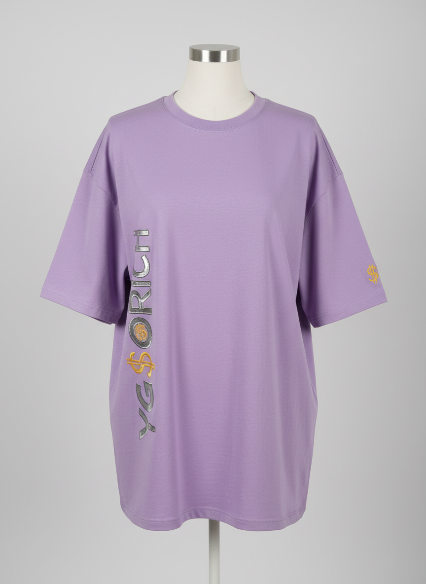Lilac oversized women's tee with chrome YG$ORICH running vertically down the side