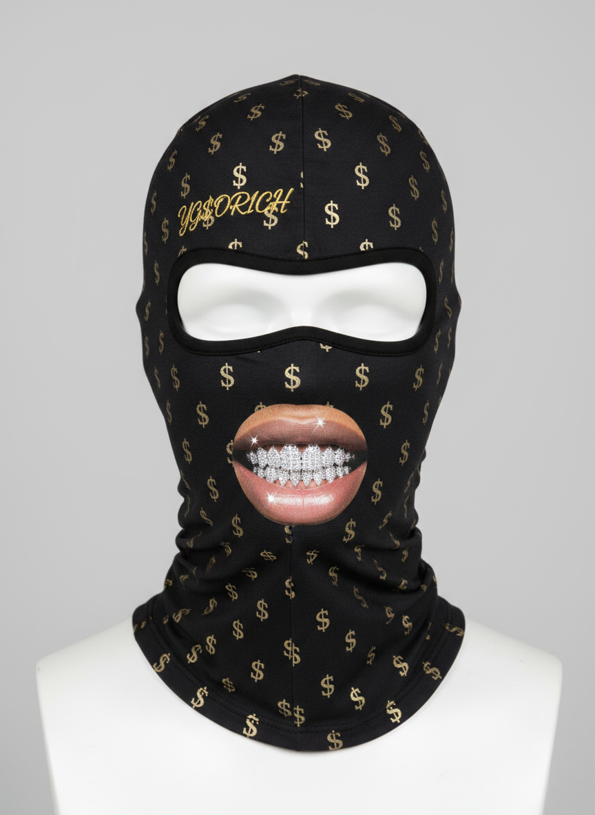 Black shiesty balaclava mask with gold dollar-sign print, gold YG$ORICH over the left eye, and a diamond grillz smile print