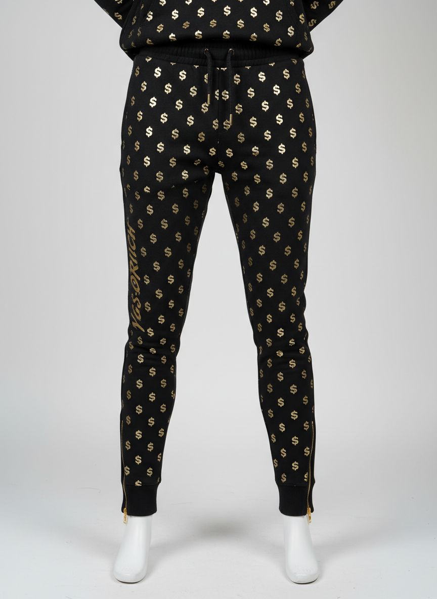 Slim black sweatpants with gold dollar-sign monogram, gold cursive wordmark down the left leg, and gold ankle zippers