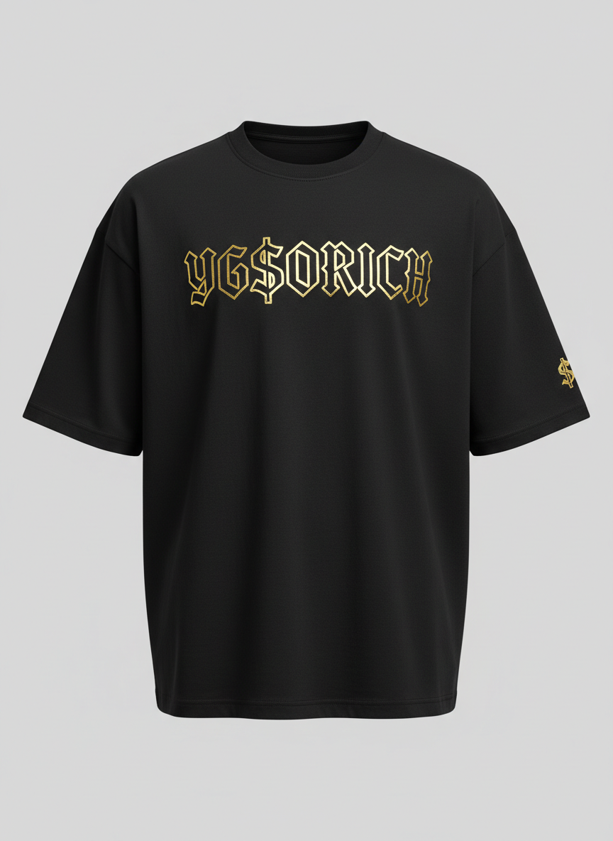 Boxy black heavyweight tee with gold blackletter YG$ORICH across the chest